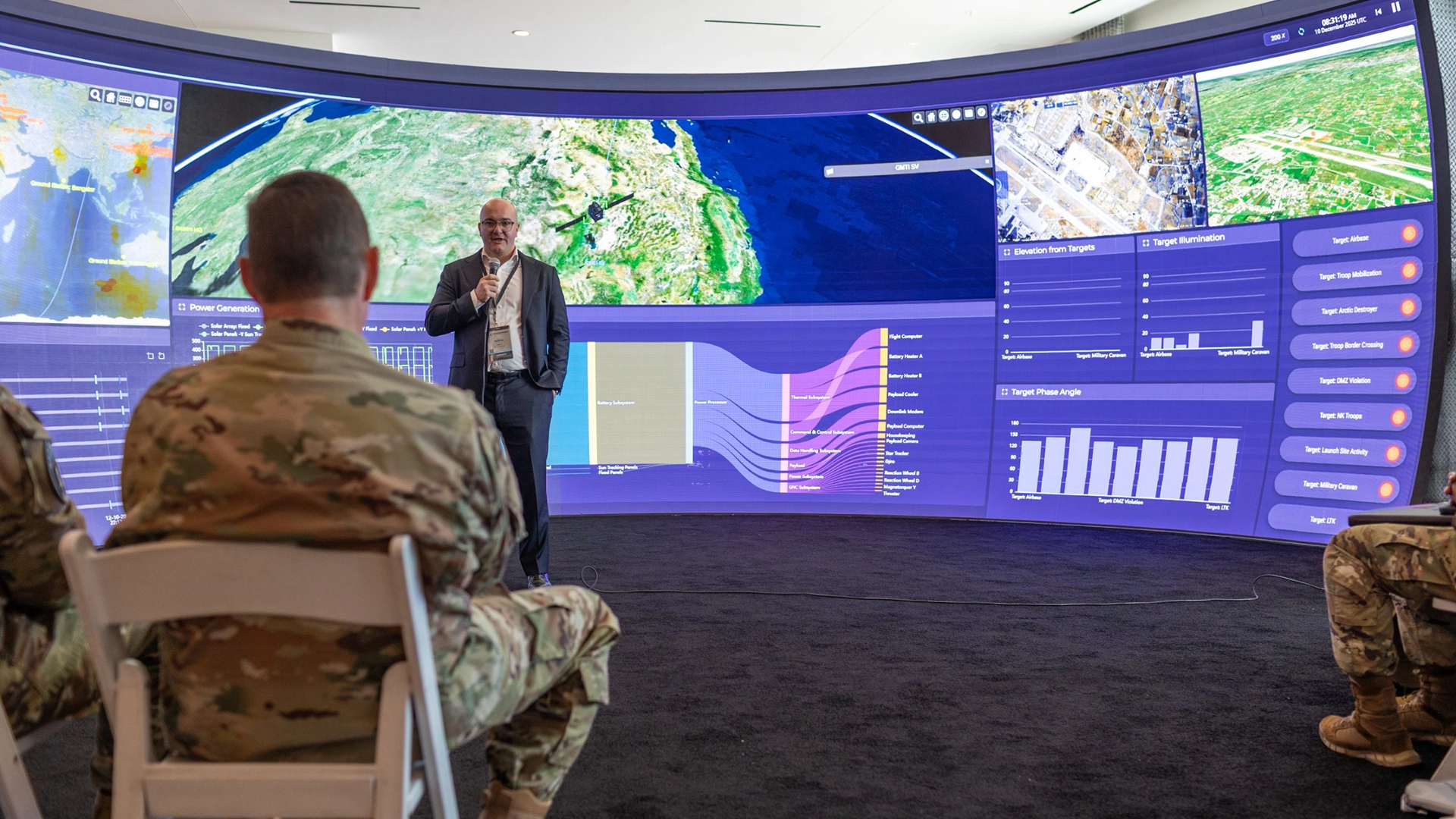 A presenter walking senior leaders through a live orbital scenario on the NSpC curved display wall